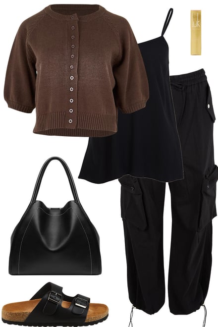 Chocolate Cardi With Black Cargo Pants