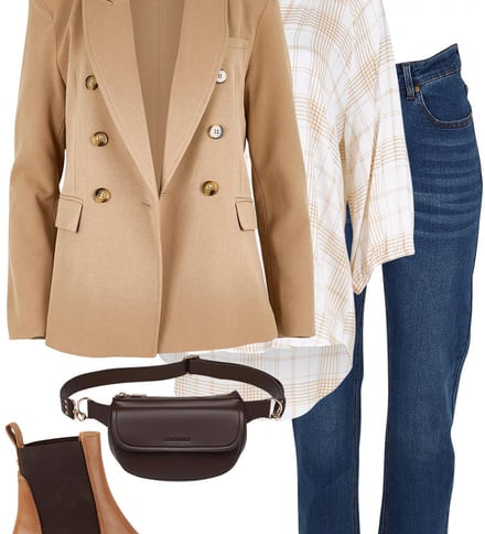 Tan Jacket + Ivory Sand Shirt + Denim