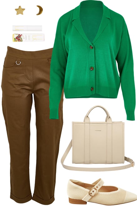 Vivid Green Cardi With Coffee Pants