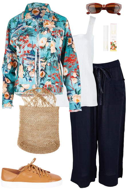 Tropical Print Fringe Jacket & Navy Pants