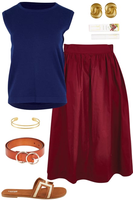 Navy Knit Tank & Burgundy Midi Skirt
