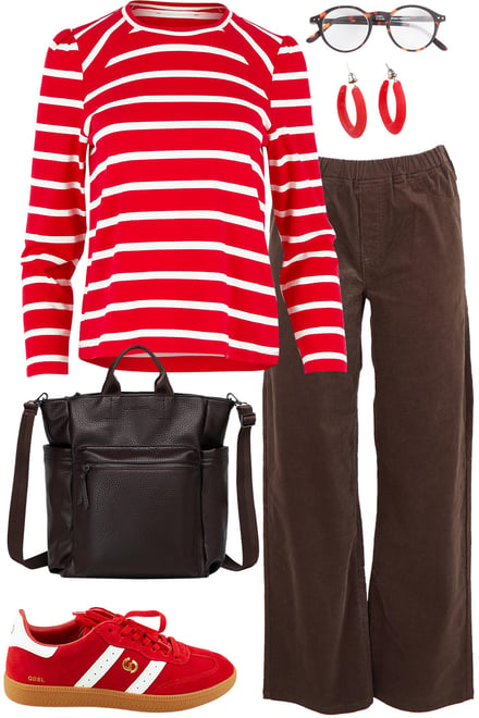 Red Stripe Tee With Cocoa Cord Pants