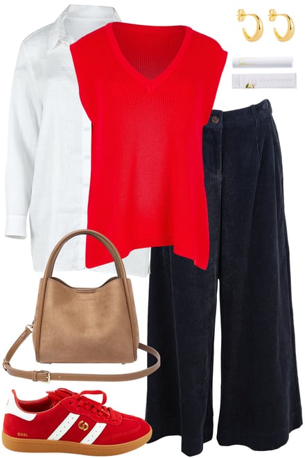Red Vest Styled With Navy Cord Pants