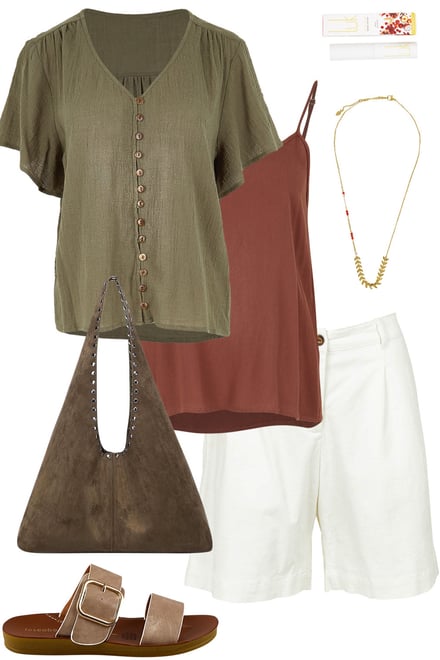 Forest Blouse & Choc Cami & White Shorts