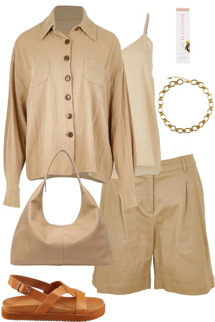 Rock Shirt & Latte Cami & Sand Shorts