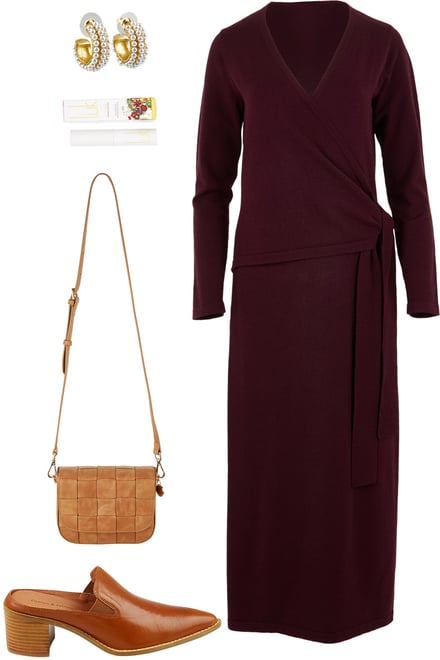 Burntplum Tie Waist Knit Dress With Tan