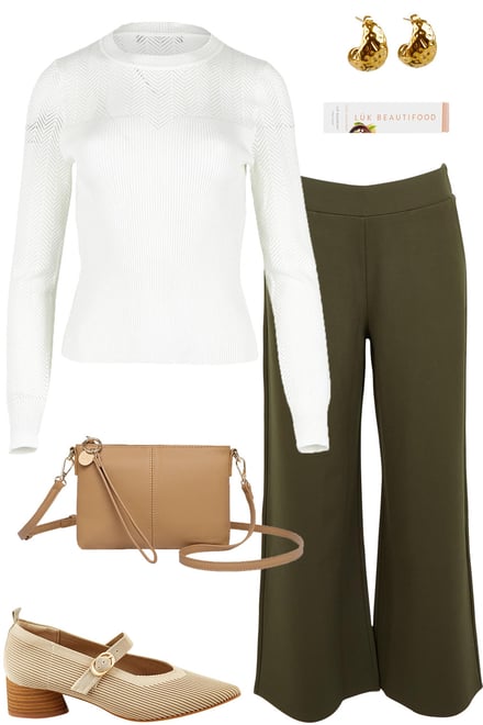Pointelle Knit With Khaki Wide Leg Ponte