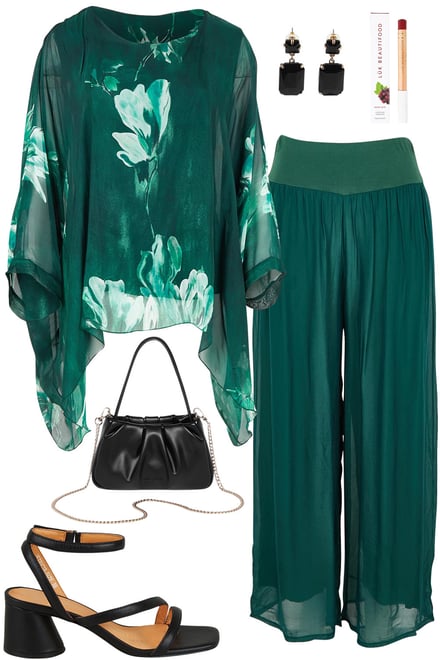Dark Green Silk Set With Black Accessories