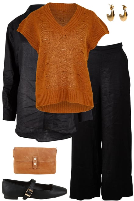 Caramel Knit Vest With Black Linen
