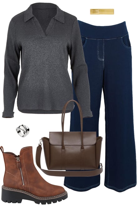 Smoke Ribbed Top With Faux Jeans
