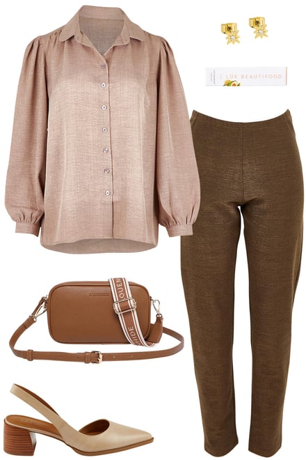 Wood-toned Blouse With Latte Pants