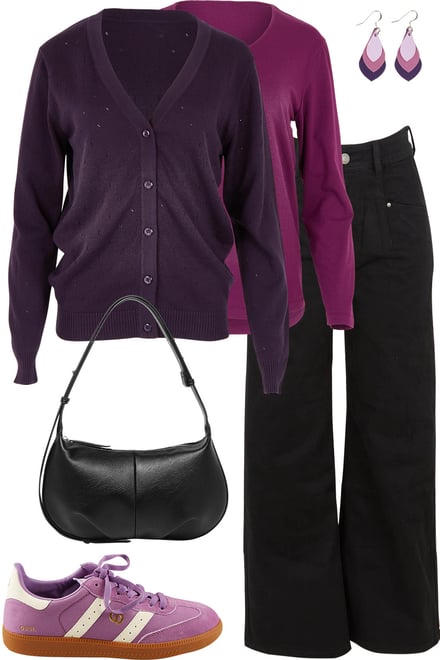 Aubergine Cardi With Plum Tee & Black Denim