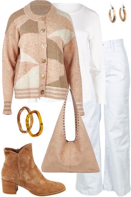 Geo Tawny Cardi With White Jeans