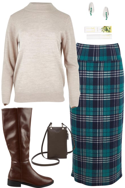 Nougat Skivvy With Navy-Green Skirt