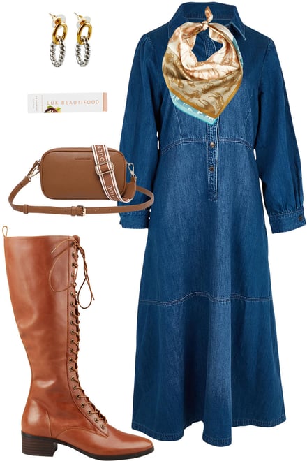 Denim Dress With Cognac Boots & Wild Horse Scarf