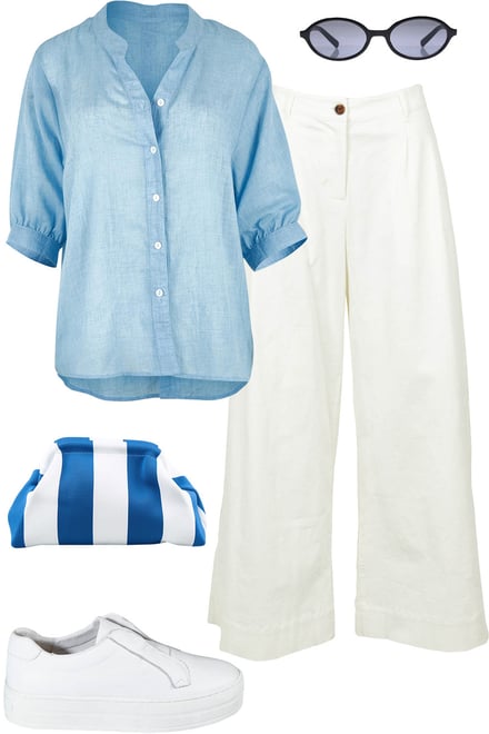 Blue Blouse & White Pants