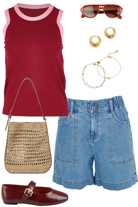 Wine Tank & Mid Denim Shorts