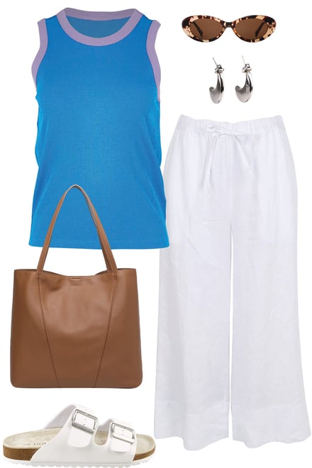 Blue Tank & White Cropped Linen Pants