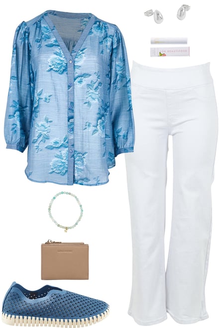 Blue Fleur Blouse & White Jeans