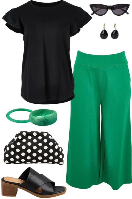 Black Ruffle Sleeve Top & Green Pants