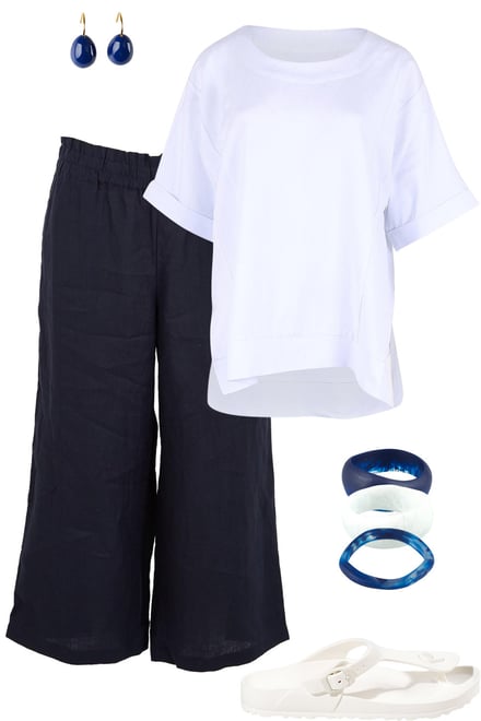 White Woven Tee & Navy Pants