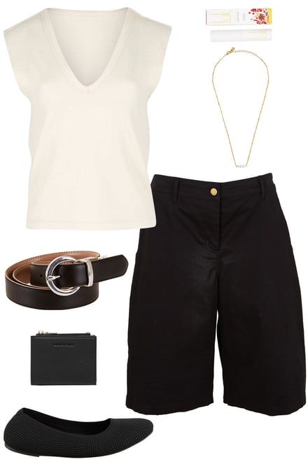 Cream Tank & Black Long Line Shorts