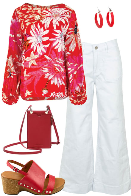 Red Garden Print Blouse & White Jeans