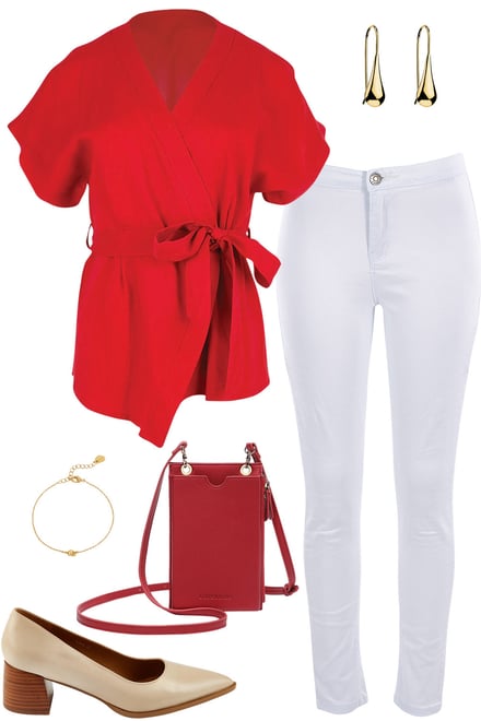 Tomato Red Kimono Top & White Jeans