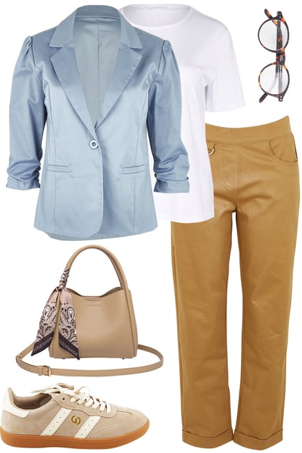 Soft Blue Blazer & Sandstone Pants