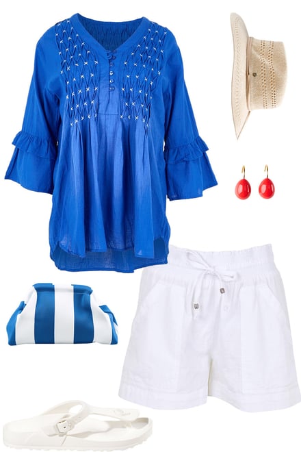Azure Blouse & White Beach Shorts