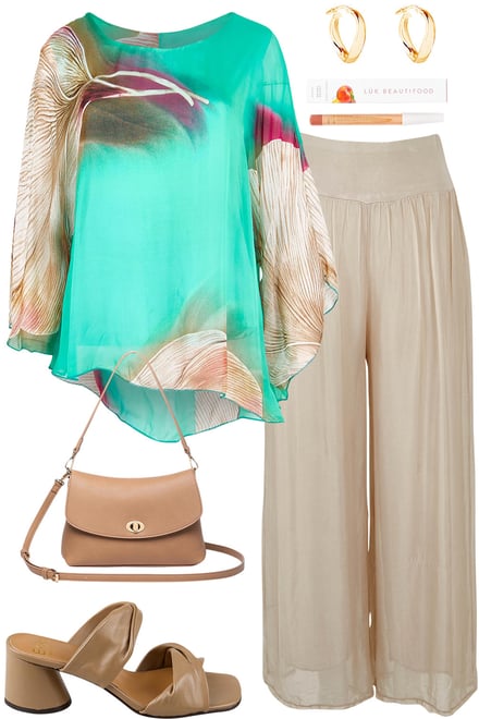 Turquoise Print Top & Beige Silk Pants