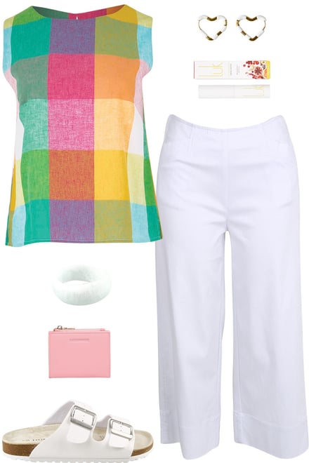 Multicheck Tank & White Wide Leg Pants