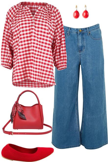 Red Gingham Blouse With Light Denim