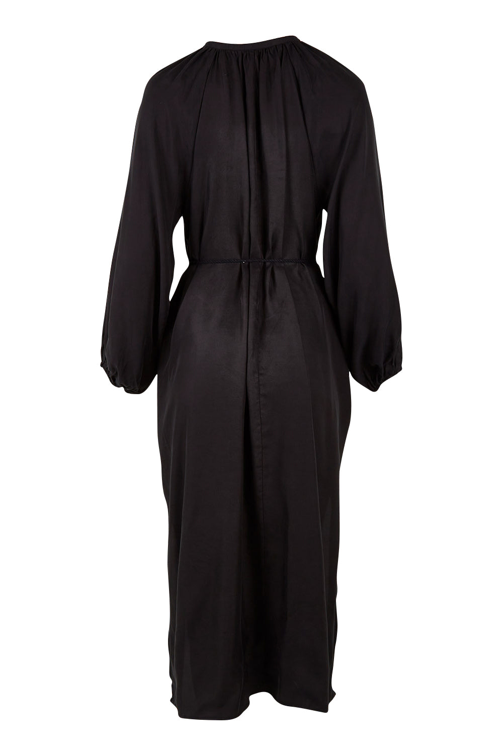 Product shot of the Isla Tie Neck Cupro Maxi Dress in colour Black (Black), from the back