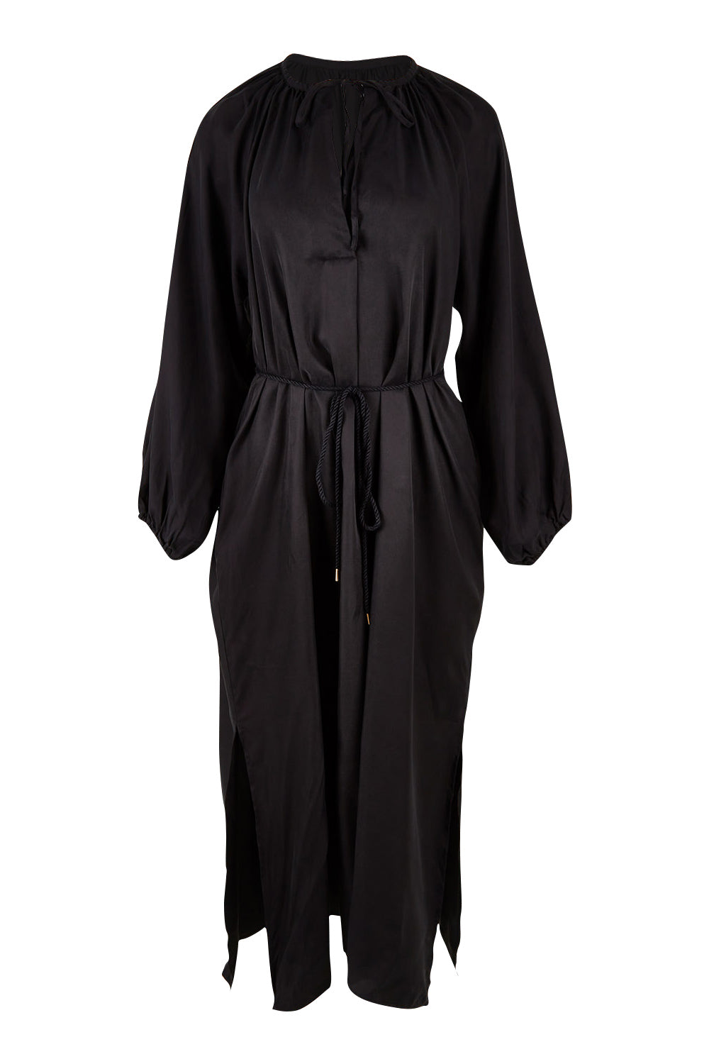 Product shot of the Isla Tie Neck Cupro Maxi Dress in colour Black (Black), from the front