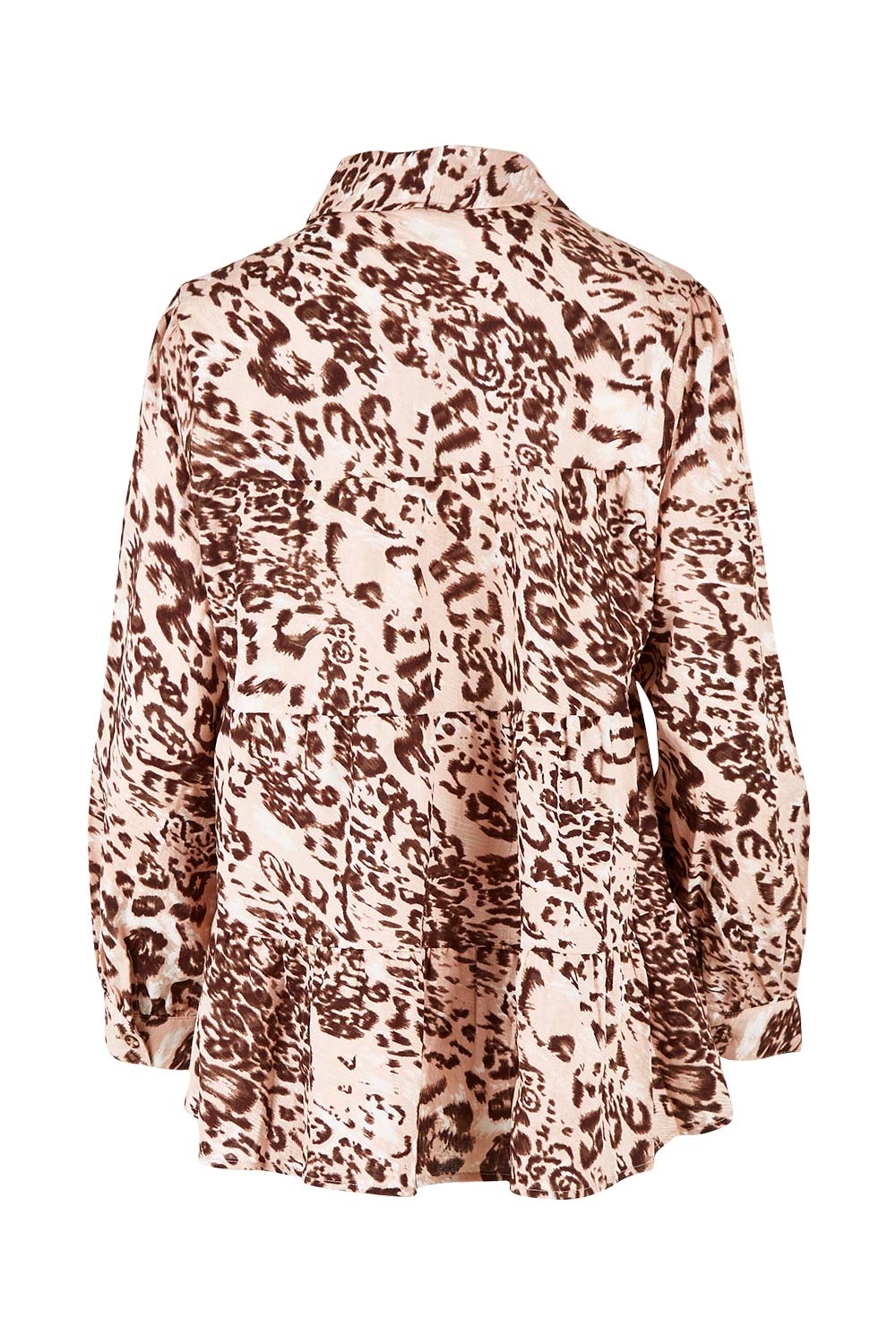 Product shot of the Eliza Leopard Linen Tiered Long Shirt in colour Leopard, from the back