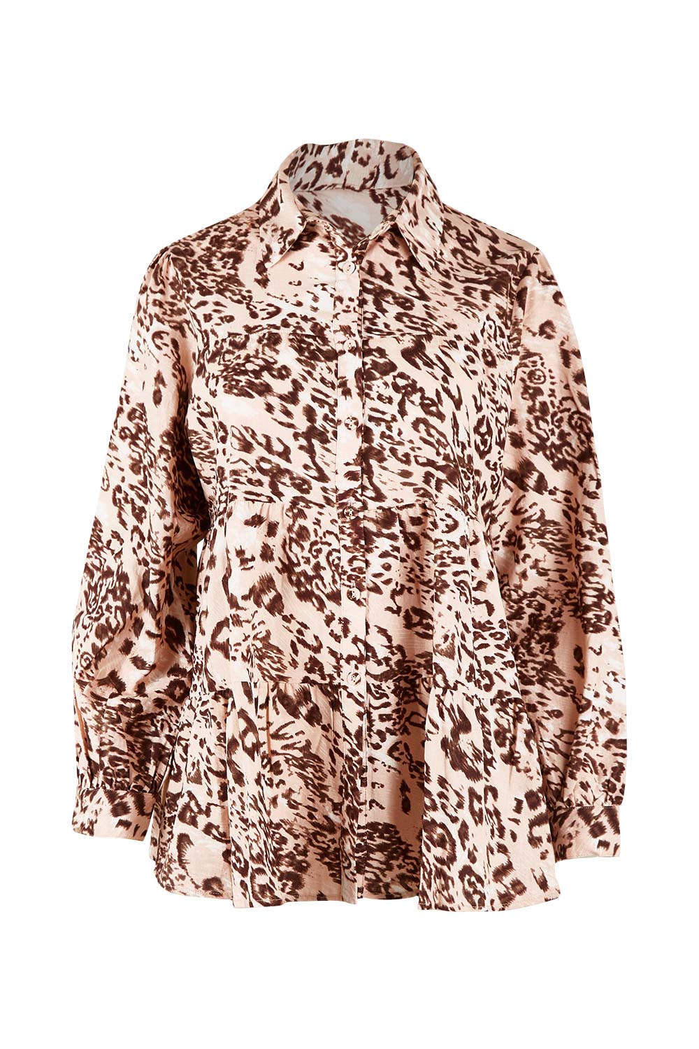 Product shot of the Eliza Leopard Linen Tiered Long Shirt in colour Leopard, from the front