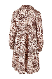 Product shot of the Katy Leopard Linen Tiered Long Sleeve Dress in colour Leopard, from the back