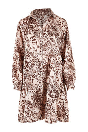 Product shot of the Katy Leopard Linen Tiered Long Sleeve Dress in colour Leopard, from the front