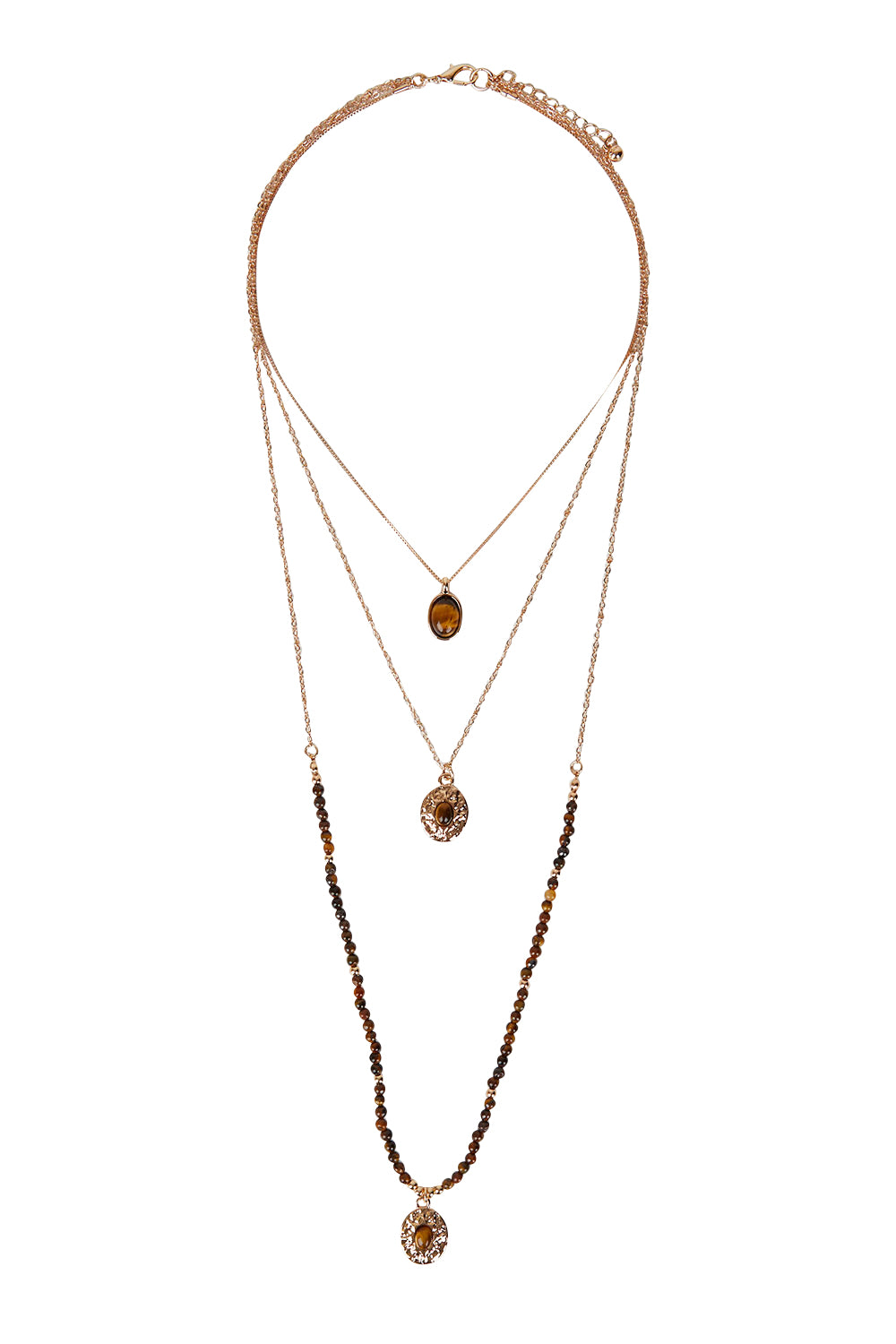 Product shot of the Trio Layers Medallion Long Necklace in colour Tangold, from the front