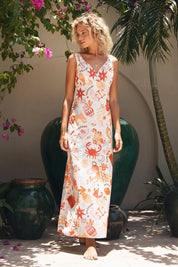 A model wearing the Tyra Cotton Linen Maxi Dress in colour Vwhite (White), from the front, showing the whole outfit