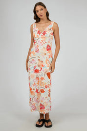 A model wearing the Tyra Cotton Linen Maxi Dress in colour Vwhite (White), from the front, showing the whole outfit