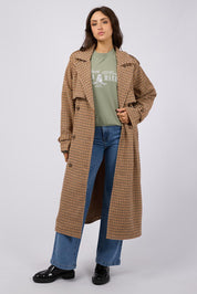 A model wearing the Charlotte Trench in colour Multi, from the front, showing the whole outfit