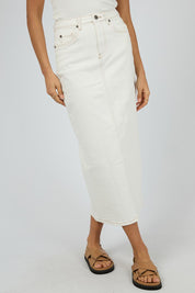 A model wearing the Ray Denim Comfort Maxi Skirt in colour White (White), from the front, cropped image