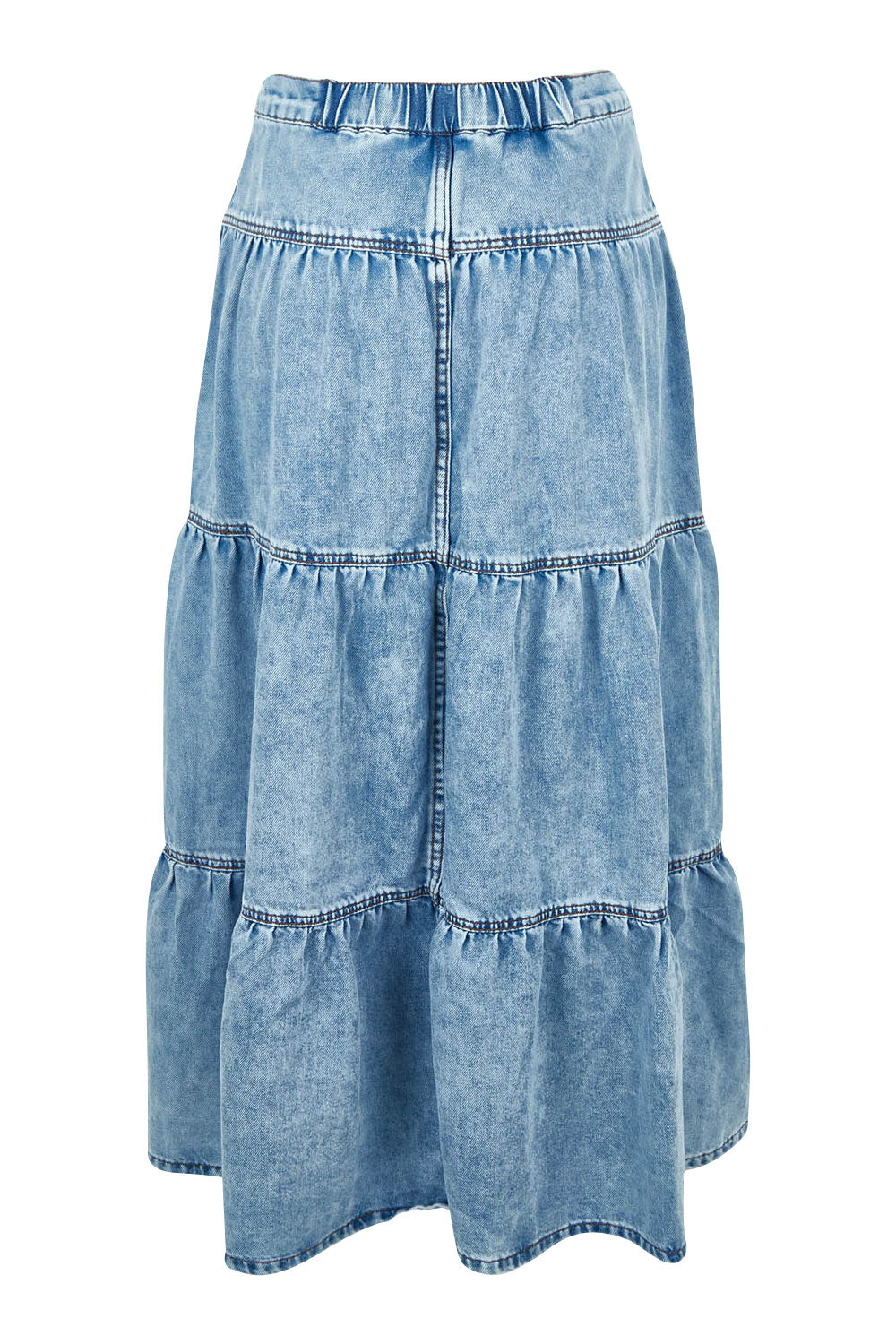 Product shot of the Coco Denim Maxi Skirt in colour Lightblue (Blue), from the back