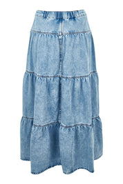 Product shot of the Coco Denim Maxi Skirt in colour Lightblue (Blue), from the back