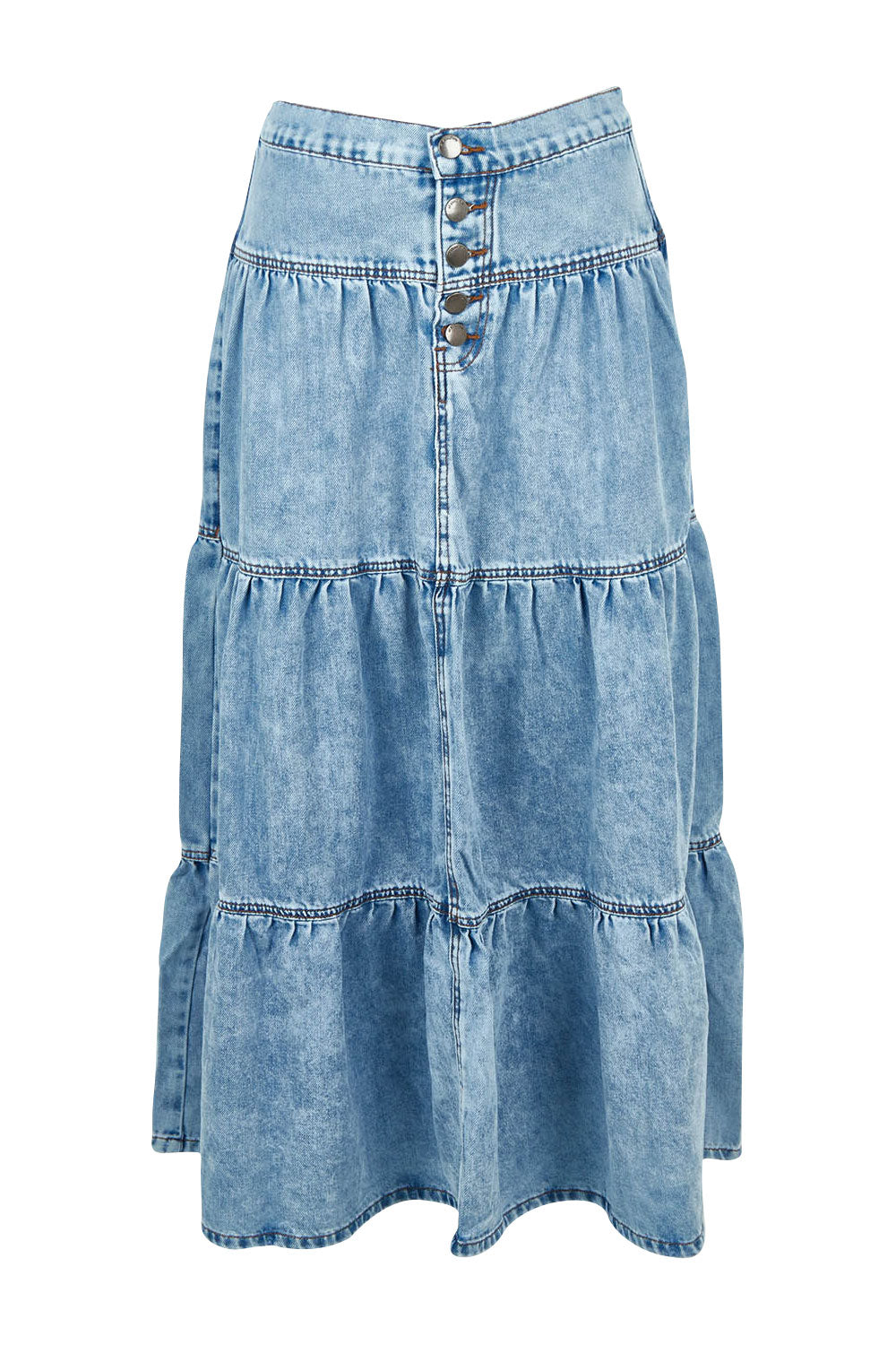 Product shot of the Coco Denim Maxi Skirt in colour Lightblue (Blue), from the front
