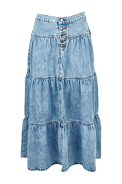 Product shot of the Coco Denim Maxi Skirt in colour Lightblue (Blue), from the front