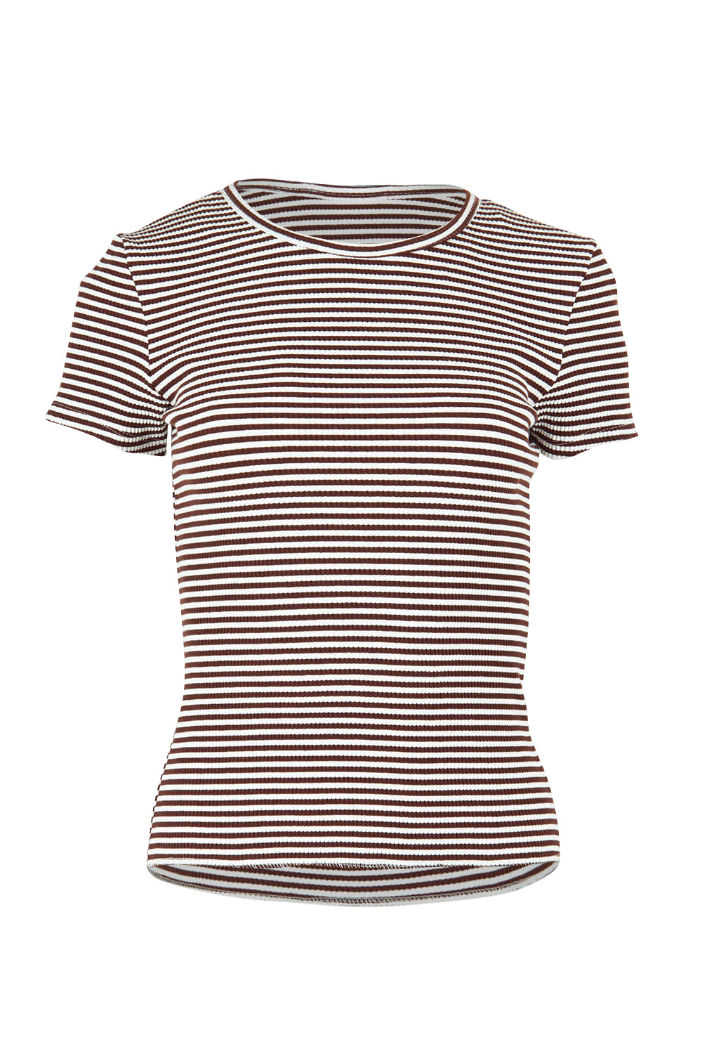 Product shot of the Eve Rib Stripe Tee in colour Brown, from the front