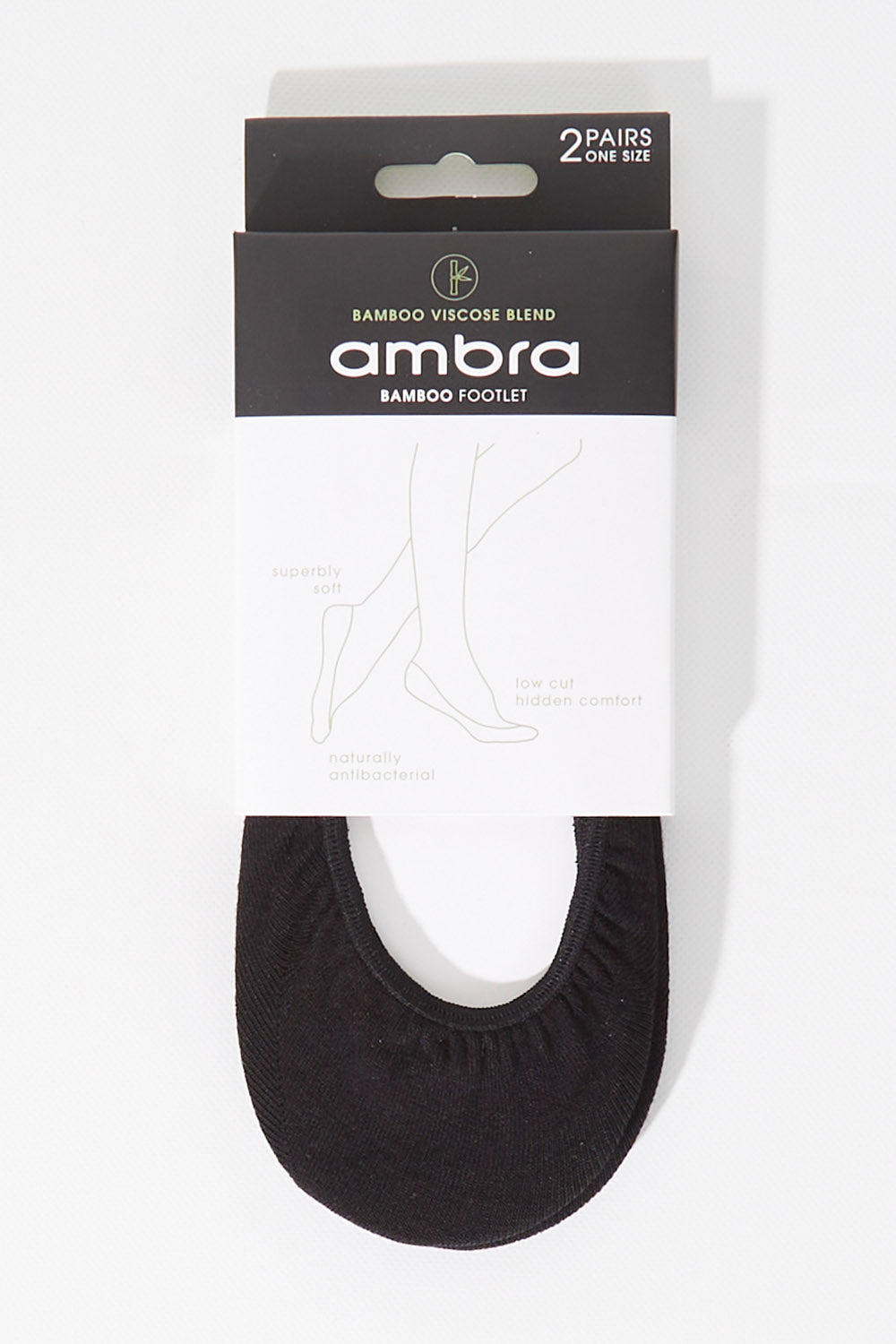A model wearing size OneSize of the Bamboo Blend Footlet Sock 2 Pack in colour Black (Black), from the front, showing the whole outfit